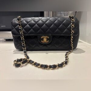 Chanel East West Black 24k gold plated Quilted Leather Chain Bag